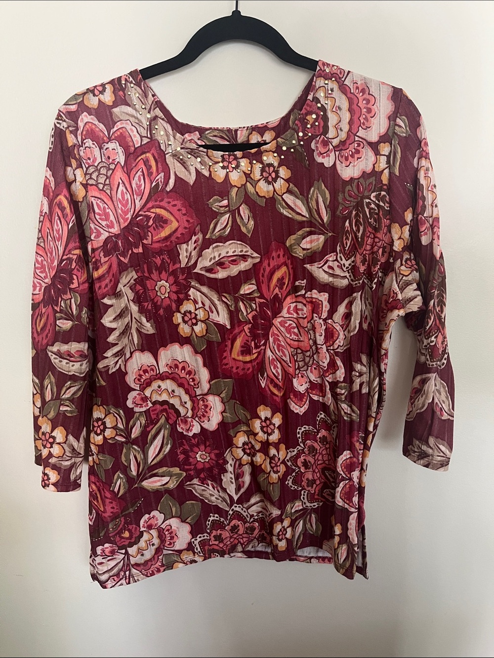 Alfred Dunner Burgundy Floral Scoop-Neck Long Sleeve Top